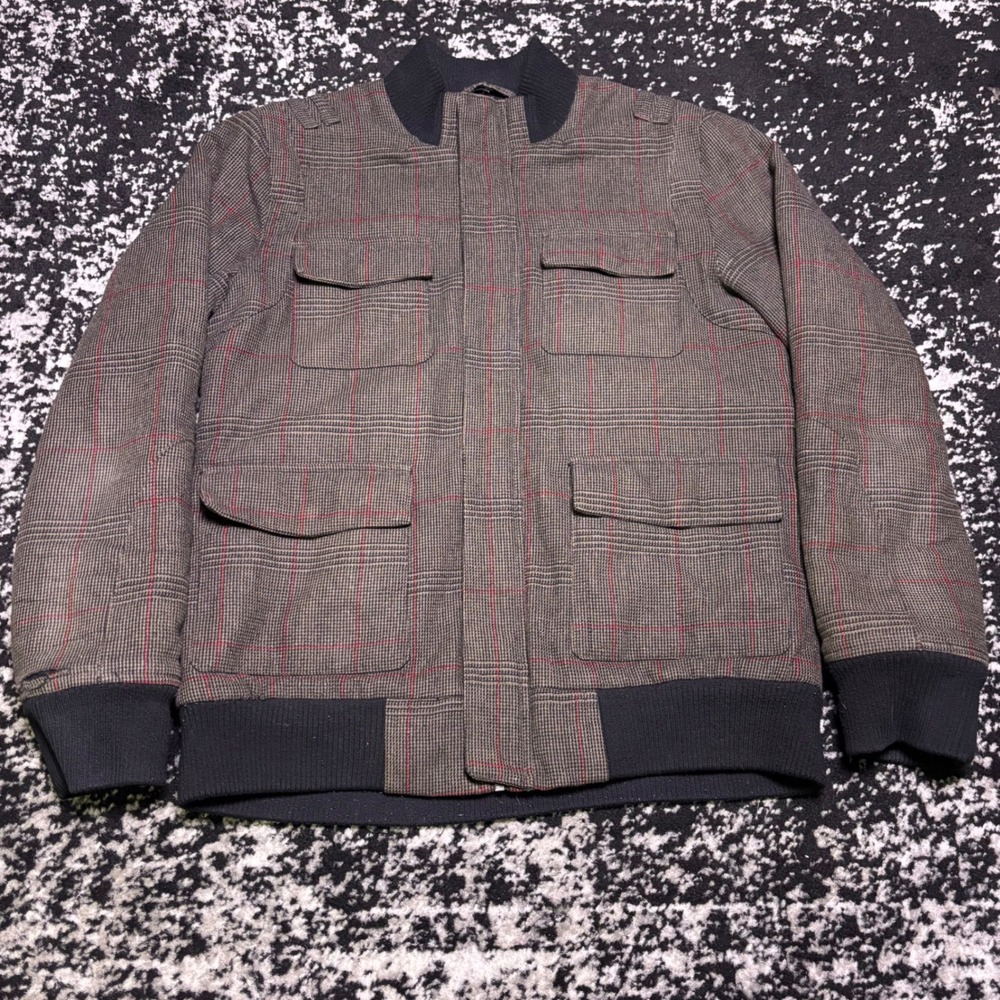 Standard Cloth Mens Plaid Bomber Jacket Brown Red Y2K Quilted Utility Medium